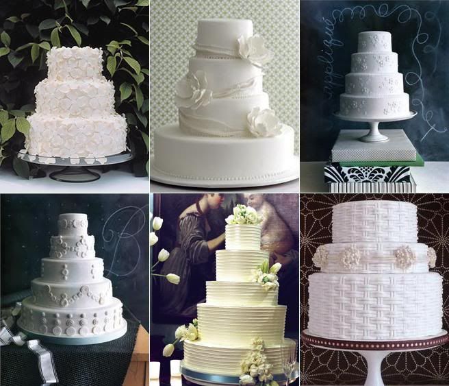 Creation of six white wedding cake toppers with flower ornaments 